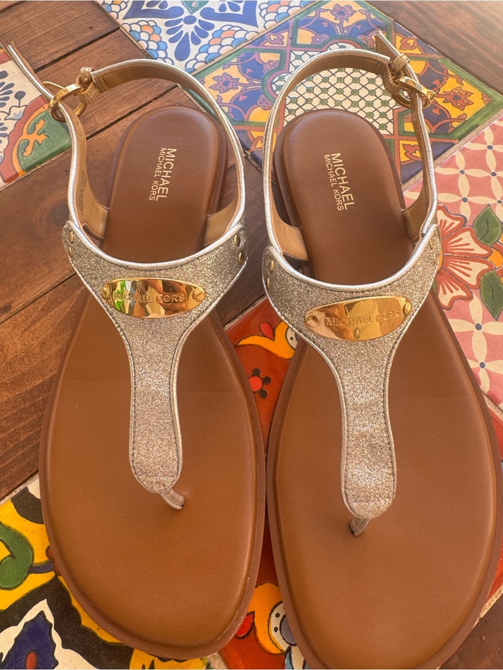 Michael Kors Gold Glitter T-Strap Sandals with Brown Footbed
